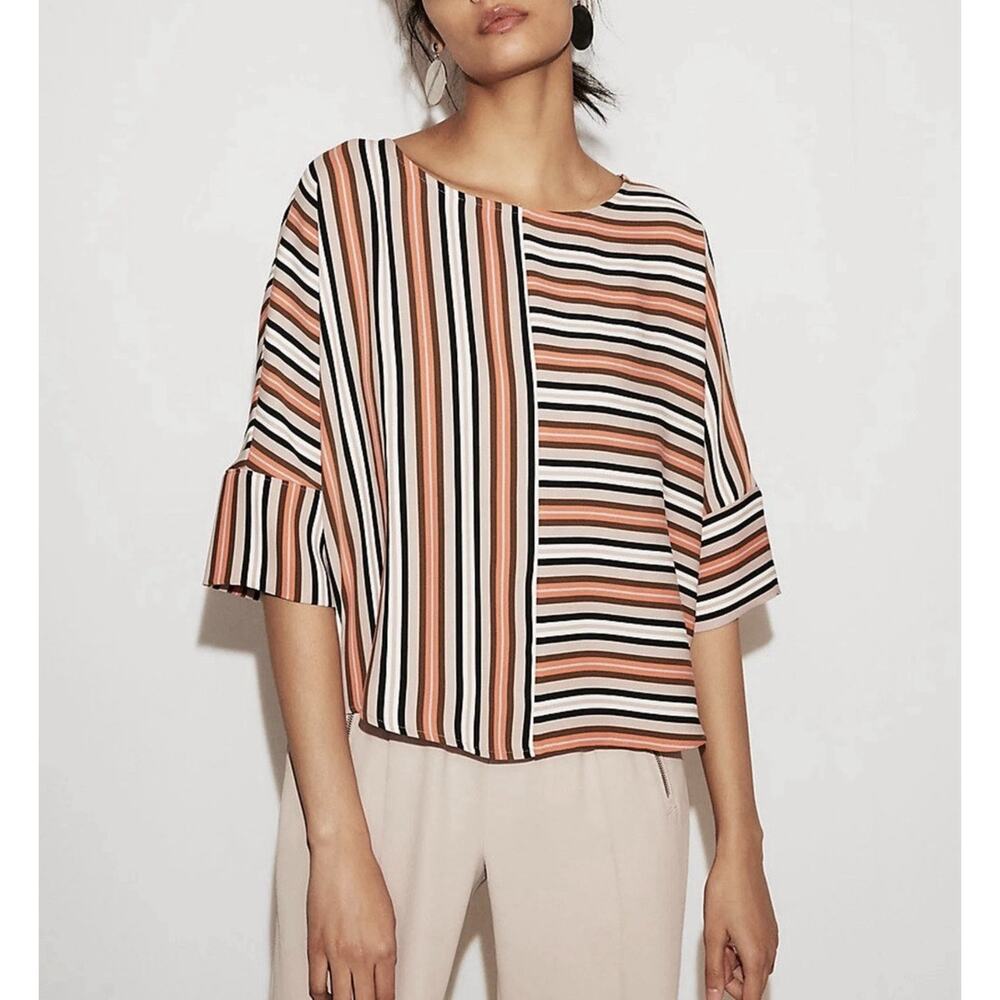 Express Women’s Striped Boxy Top Blouse Size L Short Sleeve Artsy Lagenlook